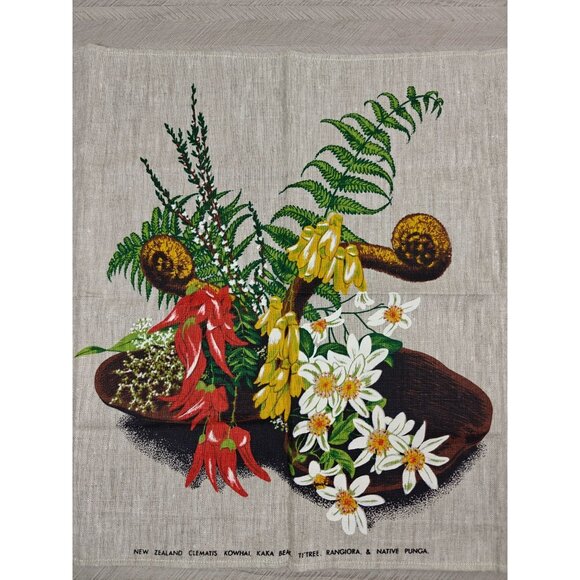 Vintage New Zealand Flax Linen Tea Towel With Native Flora & Maori Design NEW - Picture 7 of 8